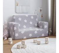 Canapé pour enfants, modèle 2 places, gris clair avec motifs d'étoiles, en peluche douce, dimensions 84 x 50,5 cm. Housse amovible. Assise confortable, idéal pour une chambre d'enfant, un coin jeux ou
