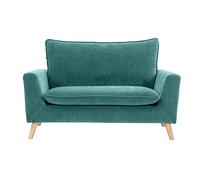Canapé scandinave 2 places en tissu effet velours bleu canard et bois clair JONAS