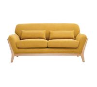 Canapé scandinave 2 places en tissu effet velours jaune moutarde et bois clair YOKO
