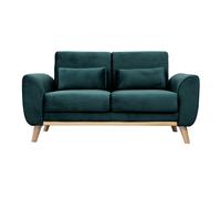 Canapé scandinave 2 places en tissu velours bleu pétrole et bois clair EKTOR