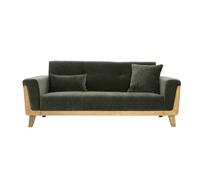 Canapé scandinave 3 places en tissu effet velours vert kaki et bois clair FJORD