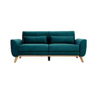 Canapé scandinave 3 places en tissu velours bleu pétrole et bois clair EKTOR