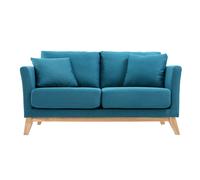 Canapé scandinave déhoussable 2 places en tissu bleu canard et bois clair OSLO