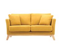 Canapé scandinave déhoussable 2 places en tissu effet velours jaune moutarde et bois clair OSLO
