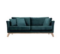 Canapé scandinave déhoussable 3 places en tissu velours bleu pétrole et bois clair OSLO