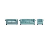Vente-unique - Canapés 3 Places et 2 Places et Fauteuil en Velours Bleu Pastel Chesterfield