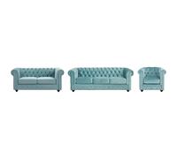 Canapés 3 places et 2 places et fauteuil en velours bleu pastel CHESTERFIELD