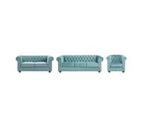 Vente-unique - Canapés 3 Places et 2 Places et Fauteuil en Velours Bleu Pastel Chesterfield