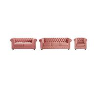 Vente-unique - Canapés 3 Places et 2 Places et Fauteuil en Velours Rose Pastel Chesterfield