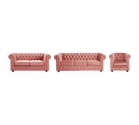 Canapés 3 places et 2 places et fauteuil en velours rose pastel CHESTERFIELD