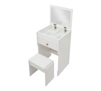 Candygou Coiffeuse blanche avec miroir et tabouret, rangement compact, 90 | Coiffeuse compacte avec miroir, tiroir, compartiment pliable et tabouret, capacité de charge de 90 kg