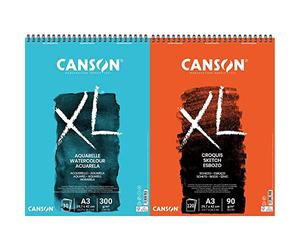 CANSON Album 30 feuilles XL® AQUARELLE - spiralé petit côté - A3 300g/m² grain fin - Blanc & Album 120 feuilles XL® CROQUIS - spiralé petit côté - A3 90g/m²