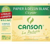 Canson Pochette Papier à dessin C à grain 12 feuilles + 4 offertes 224g 24 x 32 cm Blanc