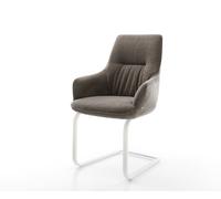 Cantilever Zelia-Flex avec accoudoirs tissu structuré doux taupe pied cantilever plat blanc ressorts ensachés