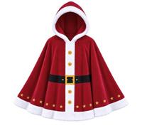 Cape de Père Noël rouge à capuche avec bordure blanche et fermeture | Cape festive avec capuche attachée, bordure blanche, boutons avant dorés et ceinture noire pour un Père Noël classique