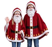 Cape de Père Noël rouge à capuche avec bordure blanche et fermeture | Cape festive avec capuche attachée, bordure blanche, boutons avant dorés et ceinture noire pour un Père Noël classique