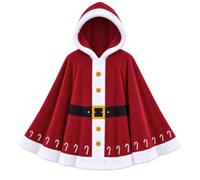 Cape de Père Noël rouge à capuche avec bordure blanche et fermeture | Cape festive avec capuche attachée, bordure blanche, boutons avant dorés et ceinture noire pour un Père Noël classique