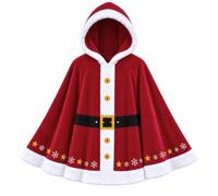 Cape de Père Noël rouge à capuche avec bordure blanche et fermeture | Cape festive avec capuche attachée, bordure blanche, boutons avant dorés et ceinture noire pour un Père Noël classique