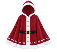 Cape de Père Noël rouge à capuche avec bordure blanche et fermeture | Cape festive avec capuche attachée, bordure blanche, boutons avant dorés et ceinture noire pour un Père Noël classique