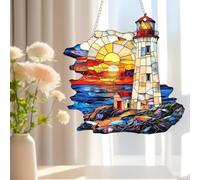 Capteur de soleil en vitrail de phare - Coucher de soleil océan en acrylique pour fenêtre, décor côtier pour la maison ou la maison de plage