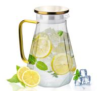 Carafe à eau en verre de 2 L avec couvercle et poignée, à texture diamant avec couvercle en acier inoxydable doré, bec verseur anti-goutte, résistant à la chaleur et passe au réfrigérateur pour jus