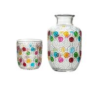 Carafe à eau en verre et tasse pour table de chevet, maison, bureau, motif | Matériau en verre 550 ml carafe 140 ml tasse double couvercle rétro motif relief chevet chambre salle de bain cuisine