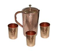 Carafe à eau martelée en cuivre pur | Pichet en cuivre pour la santé ayurvédique avec 3 verres à eau de 1,5 l