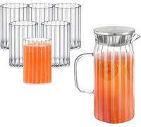 Carafe en verre 1 litre - Verres à eau set de 6 - couvercle en acier inoxydable - verre cannelé - jus de fruits eau thé glacé lait - carafe à eau