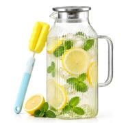 Carafe en verre de 2 l avec couvercle, carafe à eau carrée, carafe | Carafe en verre borosilicate, résistante à la chaleur et au froid, pour thé glacé, vin, jus, thé, lait (avec brosse pour