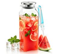 Carafe en verre de 2 litres - Carafe à eau avec couvercle - Carafe en verre pour porte de réfrigérateur - Carafe à eau carrée avec brosse pour tasse - Pour eau froide et chaude, vin, jus, thé, lait