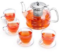 Carafe en verre Unyqoos® avec filtre et 4 verres, capacité : 1,200 ml (carafe) + 4 x 80 ml (verres), en verre borosilicaté, avec filtre en acier inoxydable, résistante à la chaleur, lavable au lave-va