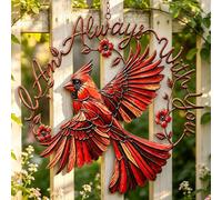 Cardinal Décoration murale en métal Inscription I Am Always With You 30,5 | Peinture dégradée rouge-orange, revêtement antirouille résistant aux intempéries, couronne de vigne florale, pour jardin