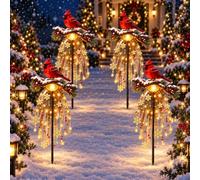 Cardinal Memory Fountain Solar Light, Memorial Garden Stake | Weather-Resistant Cardinal Yard Decor with Cascading Snowflake Lights(4pack)