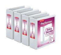 Cardinal Performer - Lot de 4 classeurs à 3 anneaux, 7,6 cm, anneaux inclinés non verrouillables, capacité de 725 feuilles, présentation ClearVue, antiadhésif, sans PVC, blanc, lot de 4 (27600)