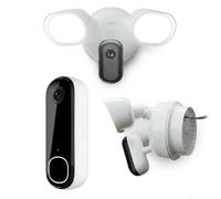 Carefree Summer Getaway Bundle : Caméras de sécurité extérieures Arlo Essential 2K avec projecteur, lot de 2 + Sonnette vidéo sans fil Arlo Essential HD, blanc