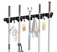 Carehabi Accroche Balai Mural, 5 Support Balais Mural et 4 Crochets Noir, Porte Balai avec Percage ou Adhésif san Percage, Organisateur pour Salle de bain, Garage, Outils de Jardinage, Cuisine