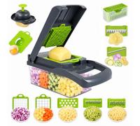 Carehabi Coupe-Légumes Mandoline Multifonction, Hachoir à Oignons Manuel avec 7 Lames Inoxydables pour Salade Pommes de Terre, Panier Égouttoir et Récipient Intégrés, Gris