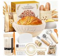 Carehabi Ensemble de panier de fermentation XXL et kit de démarrage pour pâte à levre - 2 paniers de fermentation (ronds de 23 cm et ovales de 25 cm), verre de fermentation avec thermomètre, grattoir