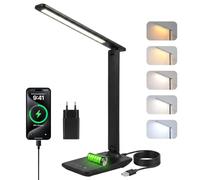 Carehabi Lampe de Bureau Puissante - 5 Modes de Couleurs et 5 Niveaux de Luminosité Réglables - Rotation sur 3 Axes - Protection des Yeux - Lampe de Lecture avec Port USB (noir - à piles)