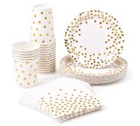 Carehabi Vaisselle Jetable 72 Pièces pour 24, Assiettes Gobelets Serviettes | Motif blanc à pois dorés, anniversaire mariage baby shower réception, vaisselle de fête, décoration de table