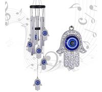 Carillon éolien bleu avec main de Fatma - Décoration extérieure - Main de Fatima - Carillon à vent - Cloches à vent contre le mauvais œil - Amulette bleue pour la maison, le balcon, la terrasse, le