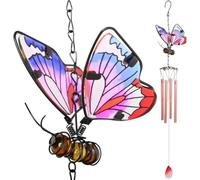Carillon éolien en fer vitrail en forme de papillon, 70 cm de haut, carillon éolien rose pour jardin, terrasse, décoration intérieure et extérieure