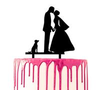CARISPIBET Cake Toppers Décoration de gâteau de mariage Marié et mariée s'embrassent avec un chien à côté d'eux Acrylique Silhouette