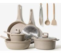 CAROTE Set de 11 poêles, comprenant une poêle à frire de 24/28 cm, une poêle wok de 28 cm et une poêle à sauce de 16/24 cm avec couvercle, couverts en silicone
