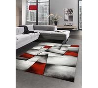 CARPETIA Modern Tapis Poil Ras Tapis de Salon résumé Karo Noir Gris Blanc Rouge Größe 120x170 cm