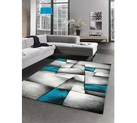 CARPETIA Modern Tapis Poil Ras Tapis de Salon résumé Karo Noir Gris Blanc Turquoise Größe 120x170 cm