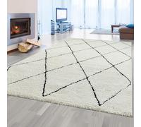 CARPETIA Scandinave Tapis de Salon à Poils Longs à Motif Losange Blanc Noir, 120 x 170 cm