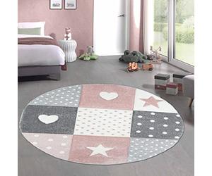 CARPETIA Tapis Enfants Tapis de Jeu Tapis bébé Fille avec Coeur étoile Rose crème Gris Größe 120 cm Rund