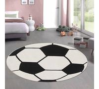 CARPETIA Tapis Rond pour Enfants Motif Football Noir Blanc Doux adapté aux Enfants, 120 cm Rond
