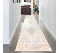 CARPETIA Tapis Salon Long Orient enchanteur Brillant méandres Ornements Court Couloir penderie Couloir crème Or 80x300 cm